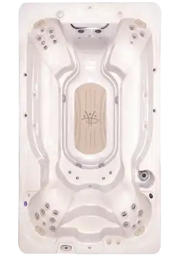 a white rectangular tub with a wooden surface