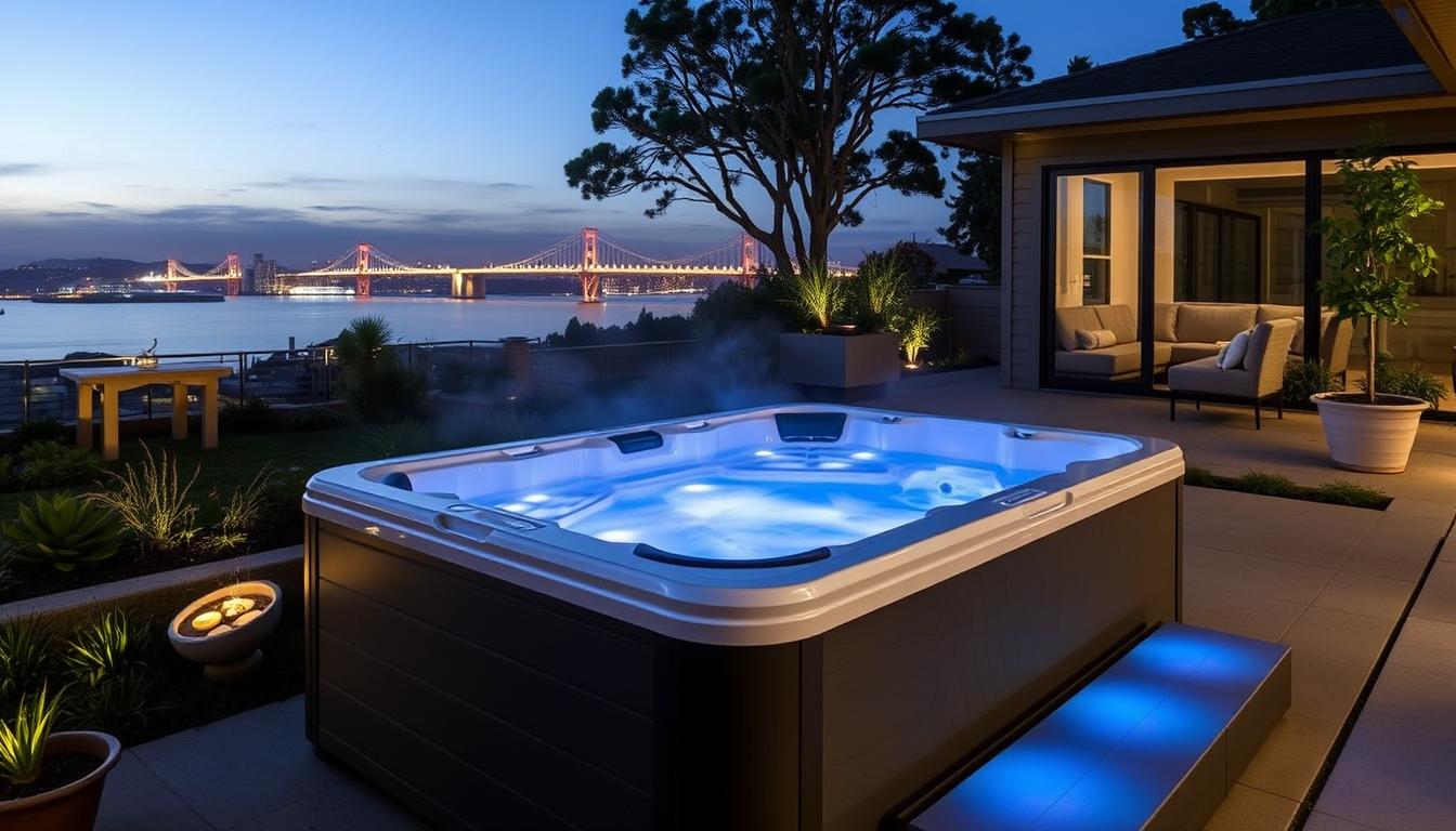 Bullfrog Swim Spa installed in a San Francisco backyard with city views