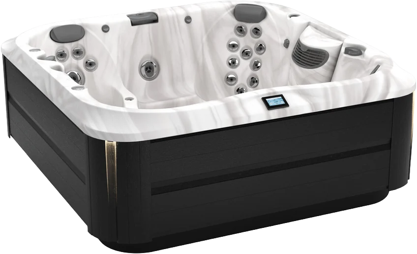 jacuzzi hot tub j375 featuging dark brown siding, marble acrylic shell, jets, and features.