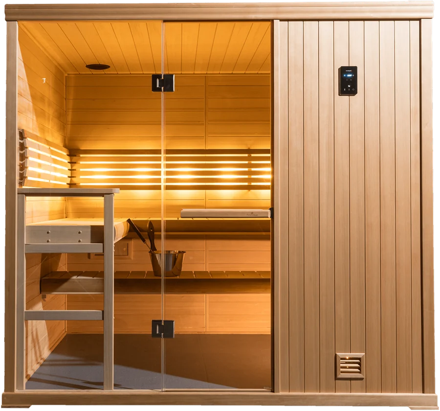 finnleo sauna featuring brown siding, led lighting and two benches.