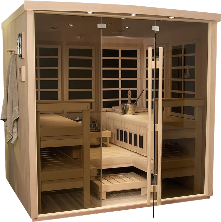 finnleo solace sauna featuring glass door, two benches, and step for relaxation.