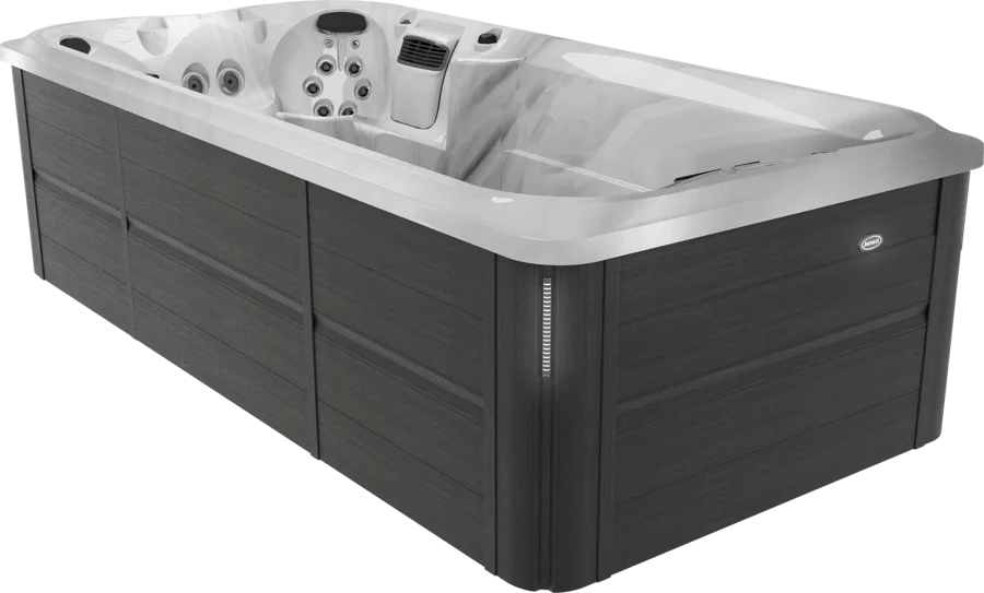jacuzzi swim spa j16 powerpro featuring brown siding, marble acrylic shell, and jets.